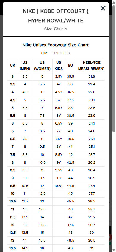 Superkicks — Size chart modal (mobile)